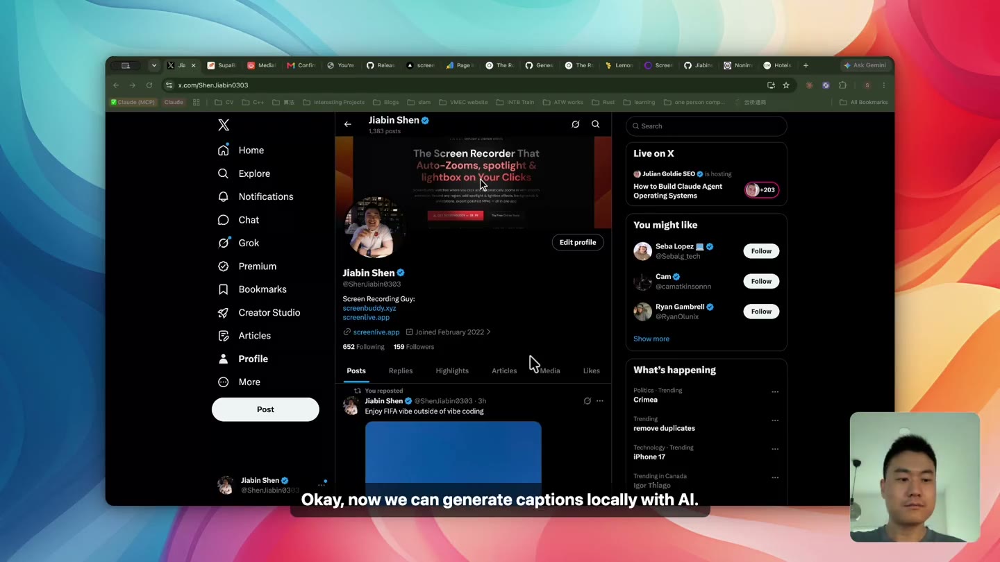 Local AI captions shown in the ScreenBuddy editor